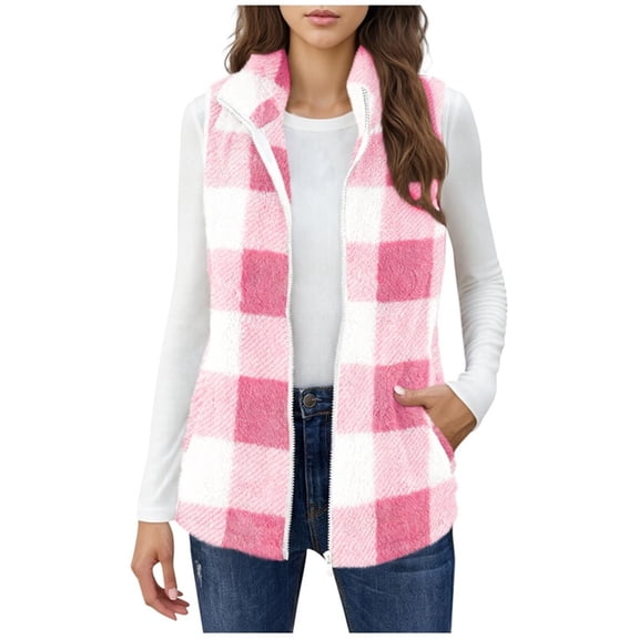 Hueook Sweater Vest Women Fashion Casual Women's Sleeveless Zippered Pocket Jacket Standing Collar Tops Blouse Pink L