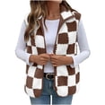 thumbnail image 1 of Hueook Sweater Vest Women's Plaid Lambskin Lapel Zipper Pocketless Sleeveless Casual Jacket Coffee 2X, 1 of 7