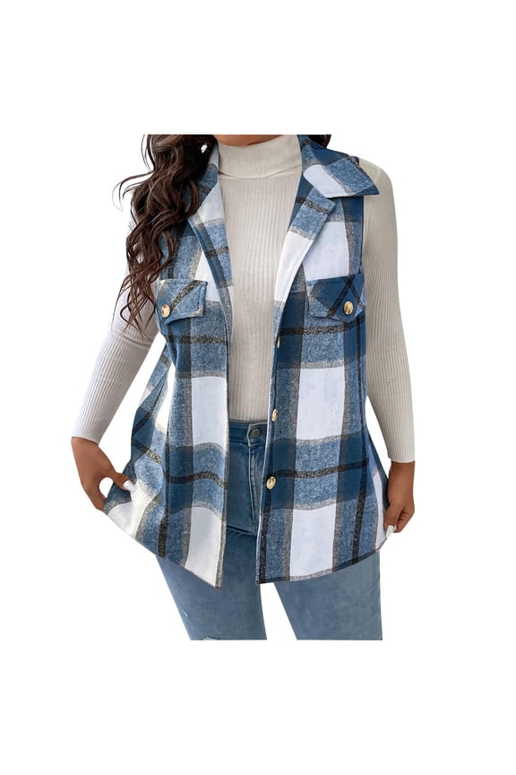 Sweater Vest Womens Fashionable Casual Sleeveless Button Lapel Fake Pocket Checkered Top Coat Blue 5X