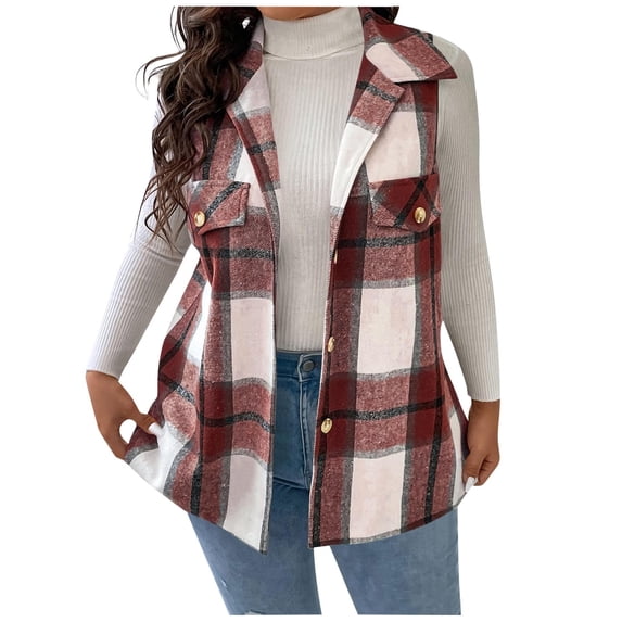 Hueook Sweater Vest Womens Fashionable Casual Sleeveless Button Lapel Fake Pocket Checkered Top Coat Wine 2X