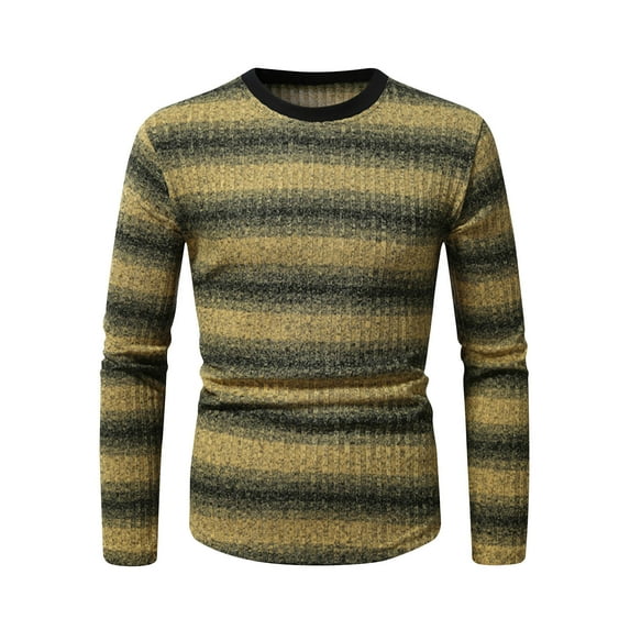 Hueook Sweaters For Men Winter Fashion Color Blocking Print Long Sleeved Round Neck Shirts Yellow S