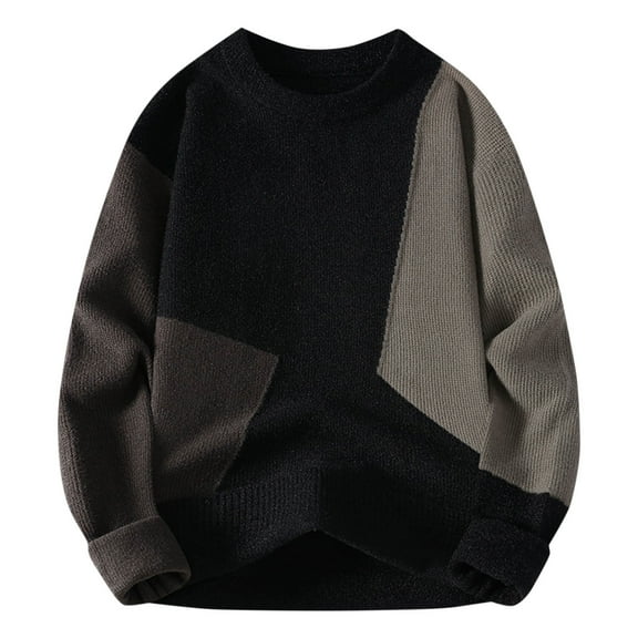 Hueook Sweaters for Men Men Casual Printing Round Neck Solid Color Long Sleeve Striped Knit Sweater Coffee L