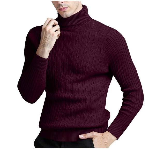 Hueook Sweaters for Men Men Solid-Color Knitted Sweater Base Sweater Twisted Casual Long Sleeve Turtleneck Sweater Wine XL