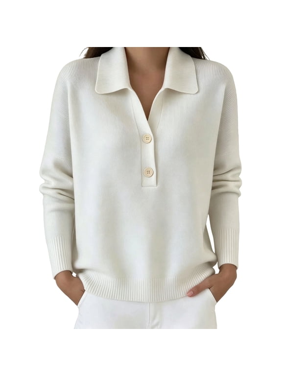 Sweaters for Women Cable Knit Casual Pullover Button Polo Lapel Long Sleeve Oversized Loose Button Knitted Tops White XL