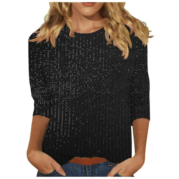Hueook Sweaters for Women Fashion Women's Pullover Shirt with Sequins and Casual Round Neck 3/4 Sleeve Black 2X