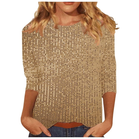Hueook Sweaters for Women Fashion Women's Pullover Shirt with Sequins and Casual Round Neck 3/4 Sleeve Gold L