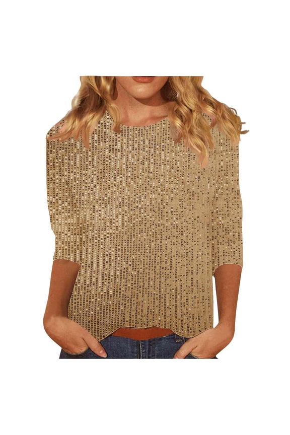 Sweaters for Women Fashion Women's Pullover Shirt with Sequins and Casual Round Neck 3/4 Sleeve Gold L