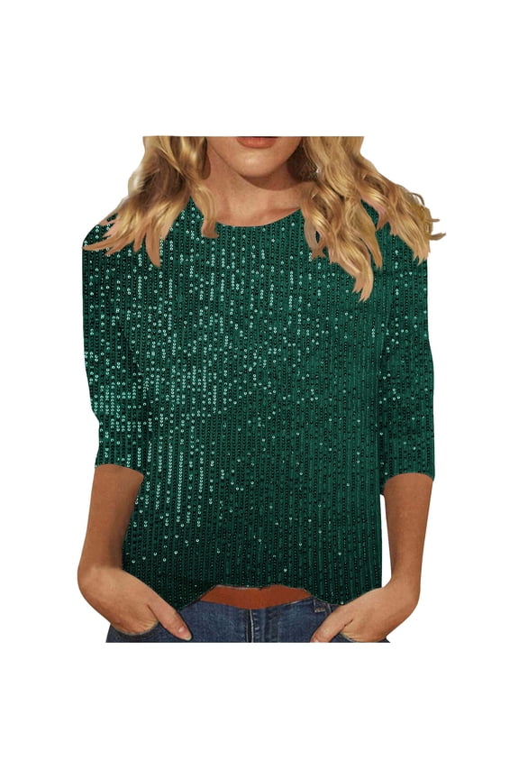 Sweaters for Women Fashion Women's Pullover Shirt with Sequins and Casual Round Neck 3/4 Sleeve Green S