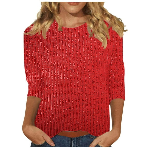 Hueook Sweaters for Women Fashion Women's Pullover Shirt with Sequins and Casual Round Neck 3/4 Sleeve Red 2X