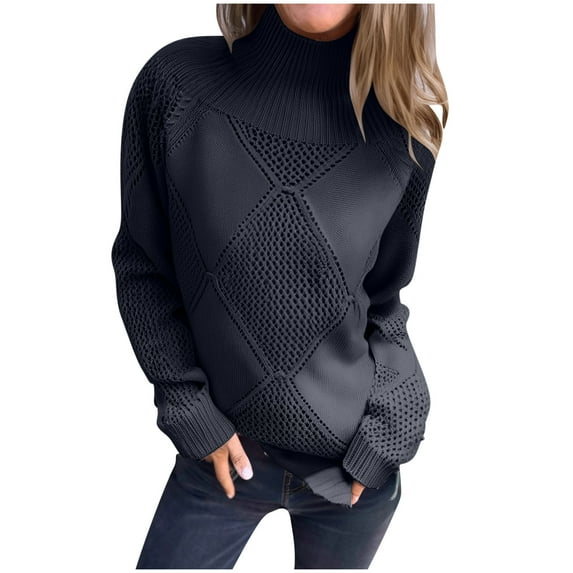 Hueook Sweaters for Women Trendy Striped Sweater Women Women's Casual with Solid Color Hollow Out Round Neck Knitted Sweater Black XL