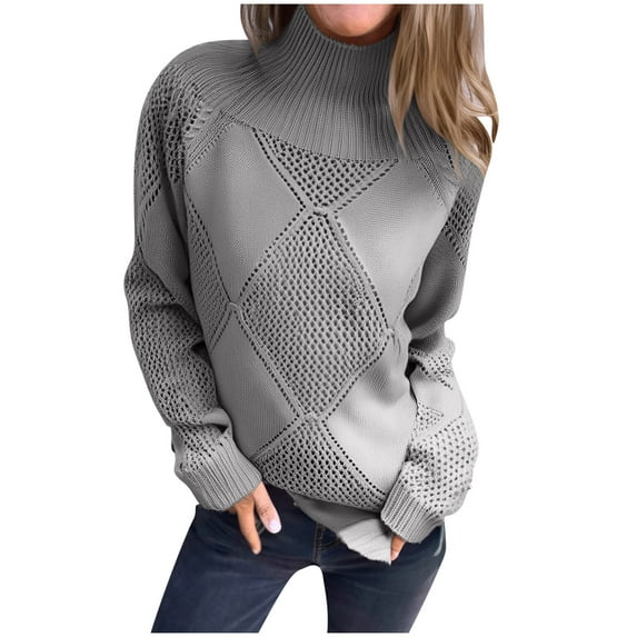 Hueook Sweaters for Women Trendy Striped Sweater Women Women's Casual with Solid Color Hollow Out Round Neck Knitted Sweater Gray 3X
