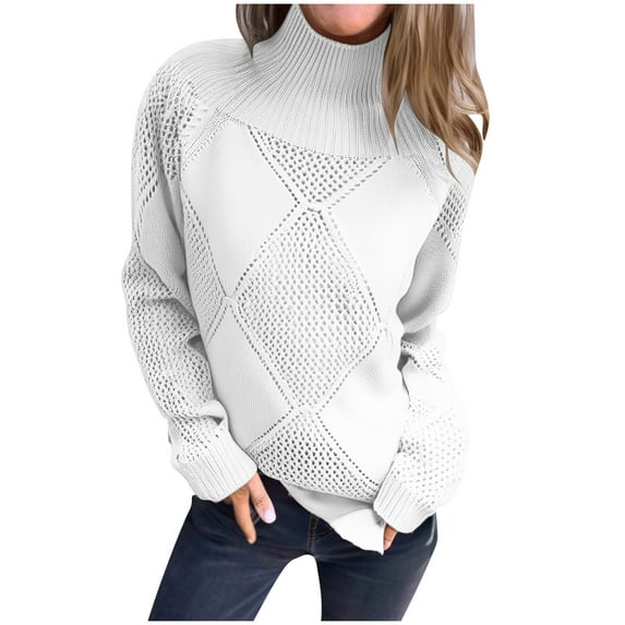 Hueook Sweaters for Women Trendy Striped Sweater Women Women's Casual with Solid Color Hollow Out Round Neck Knitted Sweater White M