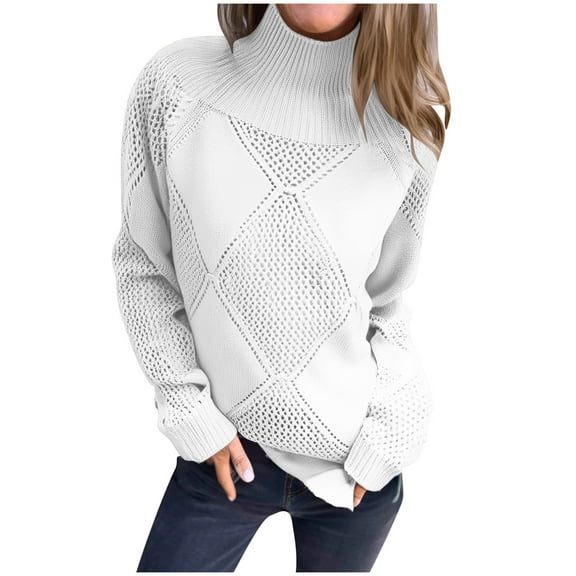 Hueook Sweaters for Women Trendy Striped Sweater Women Women's Casual with Solid Color Hollow Out Round Neck Knitted Sweater White M