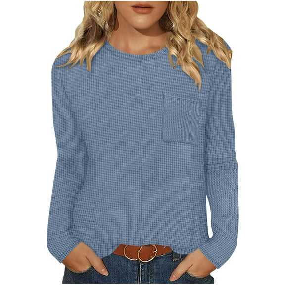 Hueook Sweaters for Women‘s Casual Solid Color Round-neck Pocket Fall/Winter Long Sleeve Blouses Shirts Top Blue M