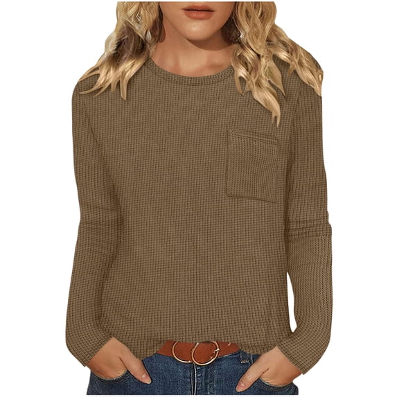 Hueook Sweaters for Women‘s Casual Solid Color Round-neck Pocket Fall/Winter Long Sleeve Blouses Shirts Top Coffee 2X