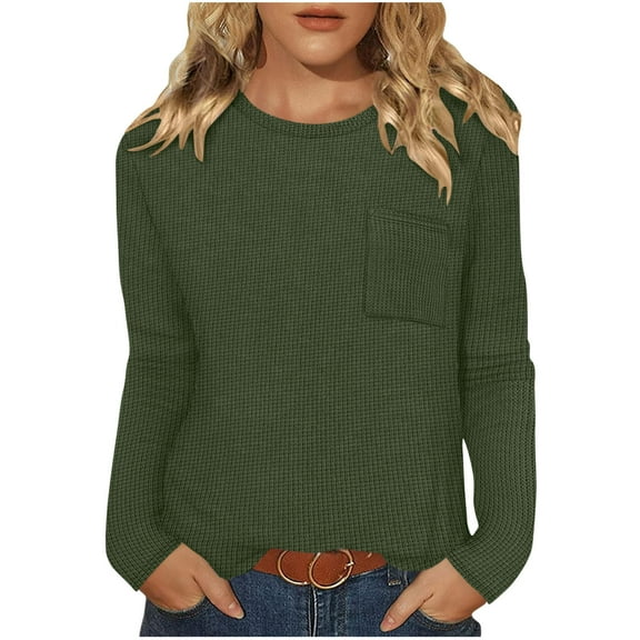 Hueook Sweaters for Women‘s Casual Solid Color Round-neck Pocket Fall/Winter Long Sleeve Blouses Shirts Top Green 2X