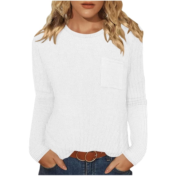 Hueook Sweaters for Women‘s Casual Solid Color Round-neck Pocket Fall/Winter Long Sleeve Blouses Shirts Top White M