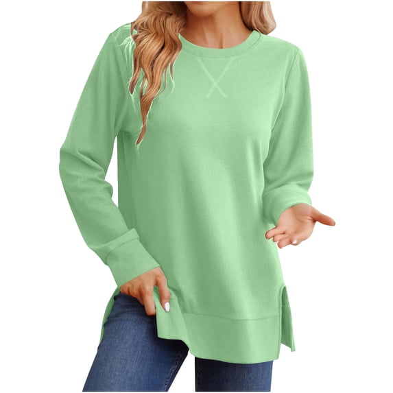 Hueook Sweaters for Women's Long Sleeved Round Neck Solid Color Fashionable Plaid Top Green 2X