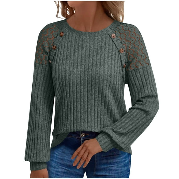 Hueook Sweaters for Women's Solid Color Blouses Long Sleeved Round-Neck Pullover Fashionable Top Lace Patchwork Blouse Army Green S