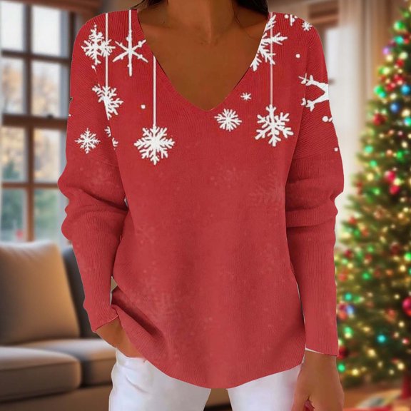 Hueook Sweatshirts for Women Ladies' Fashionable Loose Casual Christmas Printed Long Sleeved V-neck Coarse Woven Pit Stripe Hoodie Top Red M