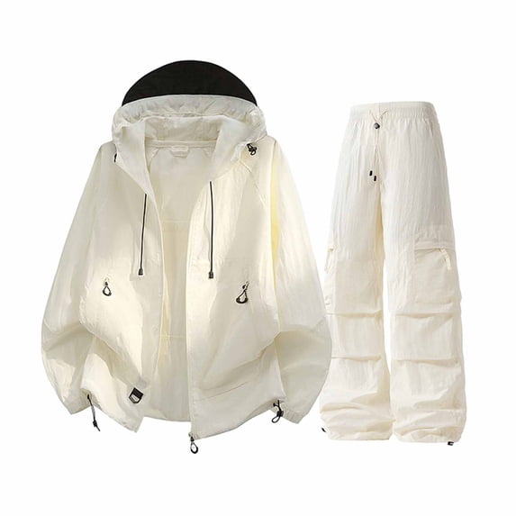Hueook Sweatsuit for Women Fall Rain Suit Waterproof Hooded Lightweight Rain Jacke Matching Hiking Pants Set for Outdoor Travel Beige XL
