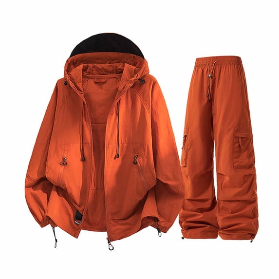 Hueook Sweatsuit for Women Fall Rain Suit Waterproof Hooded Lightweight Rain Jacke Matching Hiking Pants Set for Outdoor Travel Orange M