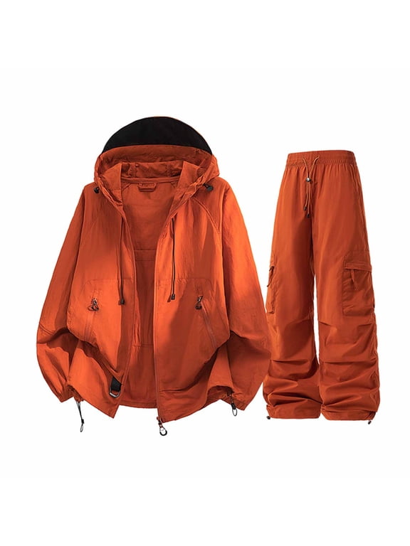 Sweatsuit for Women Fall Rain Suit Waterproof Hooded Lightweight Rain Jacke Matching Hiking Pants Set for Outdoor Travel Orange M