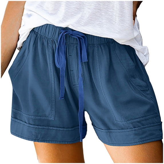 Hueook Swim Shorts Women Micro Shorts Womens Plus Size Comfy Drawstring Casual Elastic Waist Pocket Loose Shorts Pants Blue M