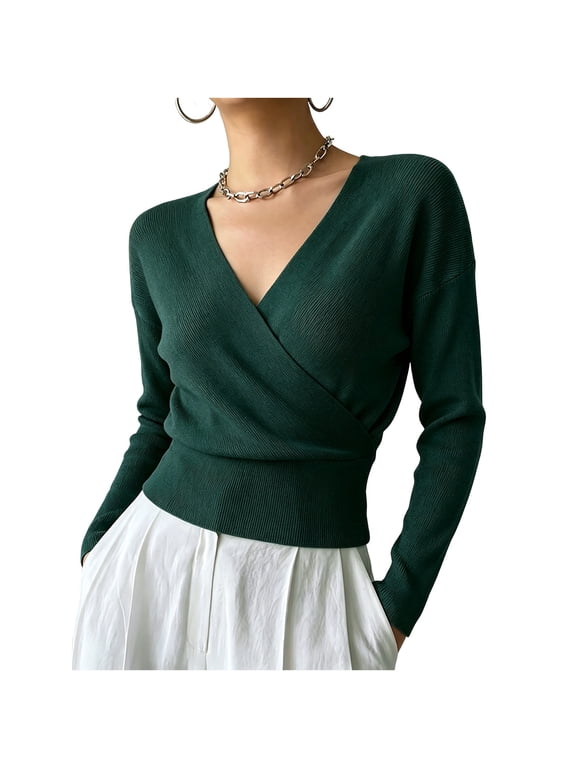 T Shirts for Women Crewneck Winter Long Sleeve Trendy Collar Waist Cinched Top Green M