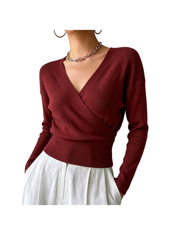 T Shirts for Women Crewneck Winter Long Sleeve Trendy Collar Waist Cinched Top Wine M