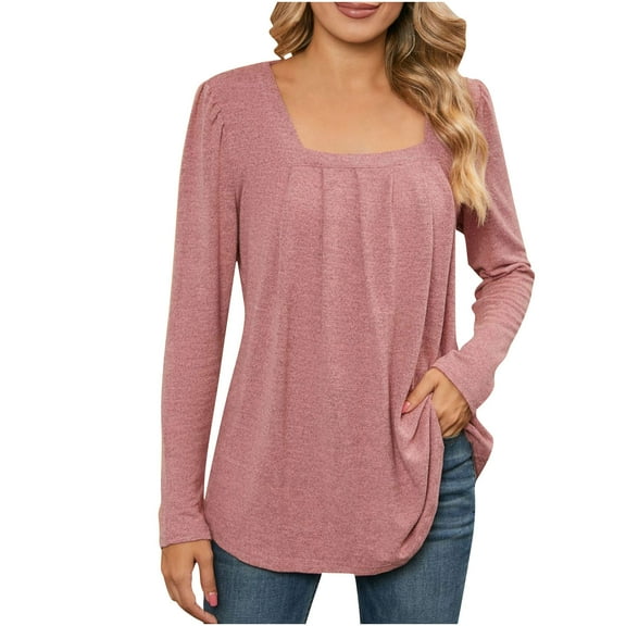 Hueook T Shirts for Women Graphic Women's Long Sleeve Square Neck Pleated Top/Shirt Pink L