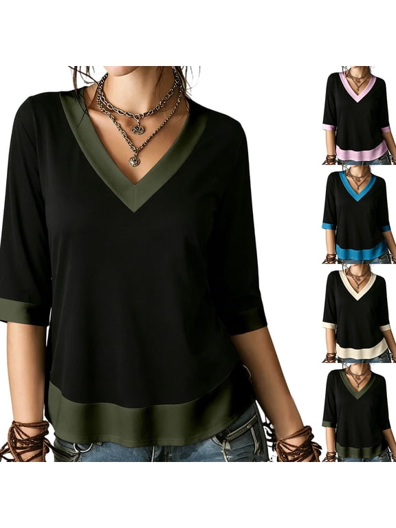 T Shirts for Women Oversized Shirts Summer Casual Color-blocked V-neck Top with Three-quarter Sleeves Pink M