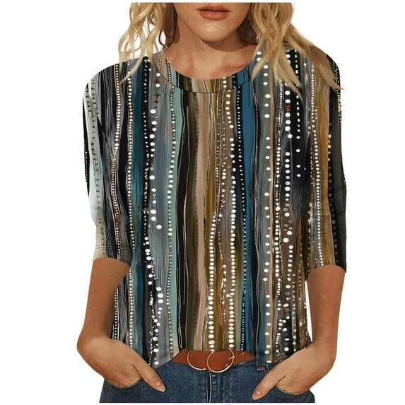 Hueook T Shirts for Women V Neck T Shirts for Women Fashion Women's Printed Blouses Three-Quarter Sleeve T-Shirt Round-Neck Khaki 3X