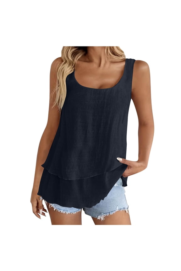 Tank Tops for Women Camisole Tops Linen Y2k Women's Solid Color Spring Summer Double Layer Linen Strappy Fashion Casual Sleeveless Top T-Shirt Navy 2X
