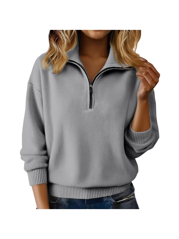Tee Shirts Womens Fitted Quarter Zip Pullover Women's Half Zip Turndown Collar Long Sleeve Pullover Tops Knitted Sweaters Gray XL