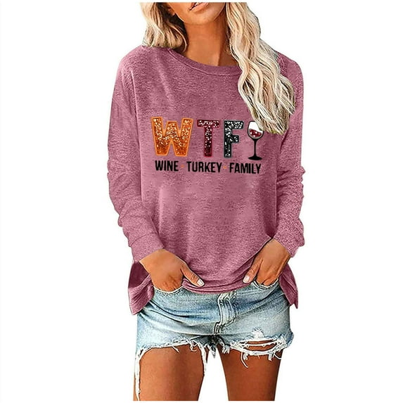 Hueook Thanksgiving Shirts for Women Women's Solid Off Shoulder Fashion Long Sleeve Top Pink L