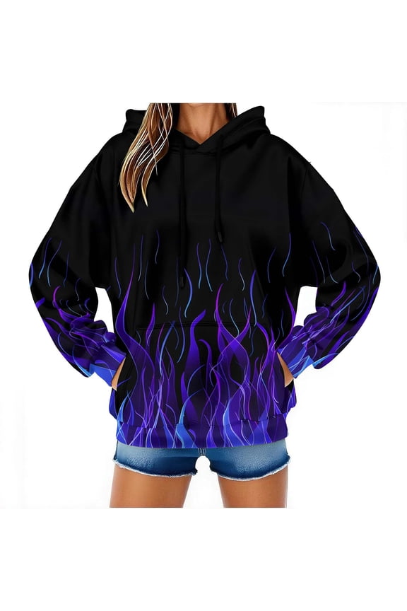 Tie Dye Shirt Women Fall and Winter Men and Women Hooded Sweater Flame Printing Pullover Blouse with Pocket Purple M