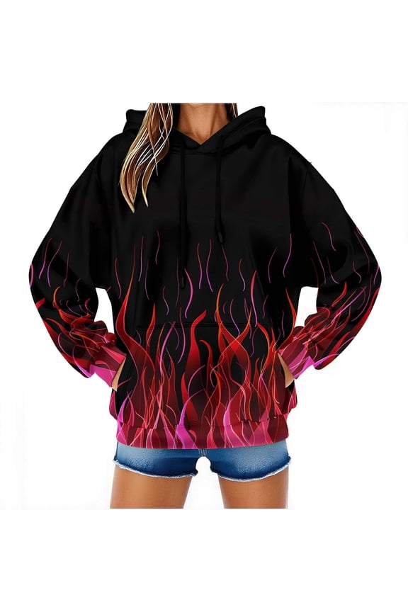 Tie Dye Shirt Women Fall and Winter Men and Women Hooded Sweater Flame Printing Pullover Blouse with Pocket Red XL