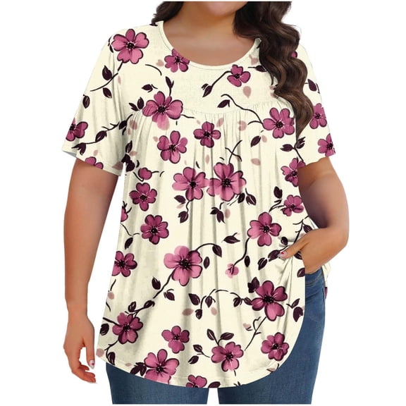 Hueook Tie Dye Shirt Women Fashion Women's Printed Plus Size Short Sleeve Solid Ladies Round Neck Fold Blouse Multicolor L