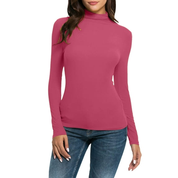 Hueook Tops For Women Trendy Fashion Womens Solid Color Turtleneck Long Sleeve Knitting Tshirt Slim Blouse Tops Hot Pink 2X