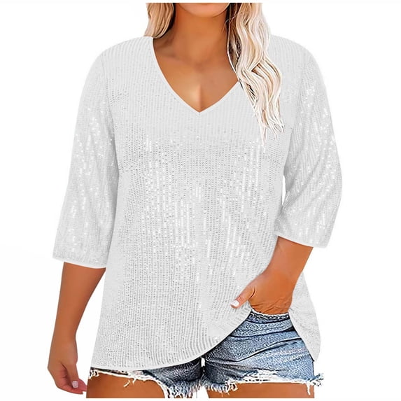 Hueook Tops Sparkly Trendy Loose Tshirt Women's Plus-Size V-neck Sequined 3/4t Sleeve Solid Color Casual White 4X