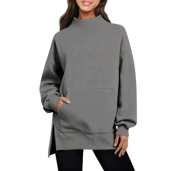 Hueook Tops for Women Mock Turtleneck Sweatshirt Fitted Tees Women Casual Loose Turtleneck Long Sleeve Pullover Solid Blouse Sweatshirt Tops Dark Gray M