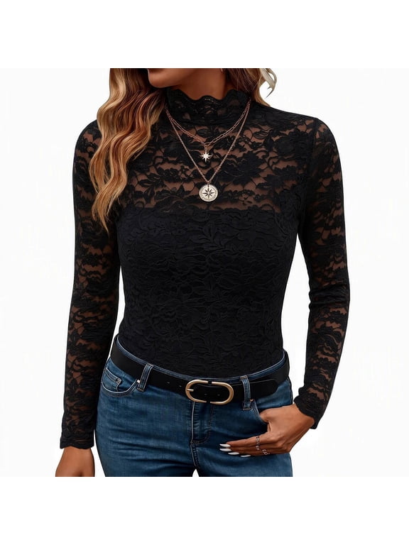 Tops for Women Mock Neck Long Sleeve Shirts Lace Mesh Fall Blouses Casual Tee Sheer Base Layer Fitted Stretchy Black XL