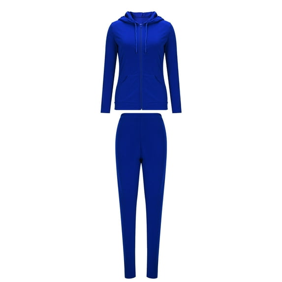 Hueook Travel Outfits For Women 2 Piece Sets Womens Solid Color Hooded Pocket Zipper Fashionable Casual Sports Two-piece Suit Blue L