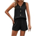 thumbnail image 1 of Hueook Travel Outfits For Women 2 Piece Sets Ladies' Spring/Summer V-neck Casual Solid Color Loose Sleeveless Tank Button Decoration Shorts Set Suits Black L, 1 of 8