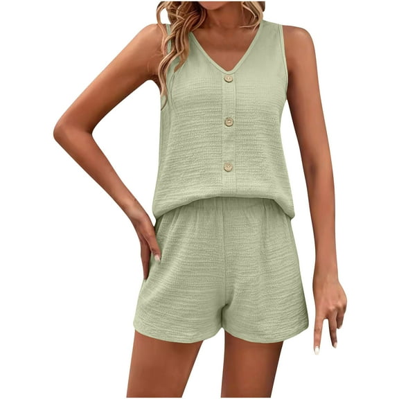 Hueook Travel Outfits For Women 2 Piece Sets Ladies' Spring/Summer V-neck Casual Solid Color Loose Sleeveless Tank Button Decoration Shorts Set Suits Green M