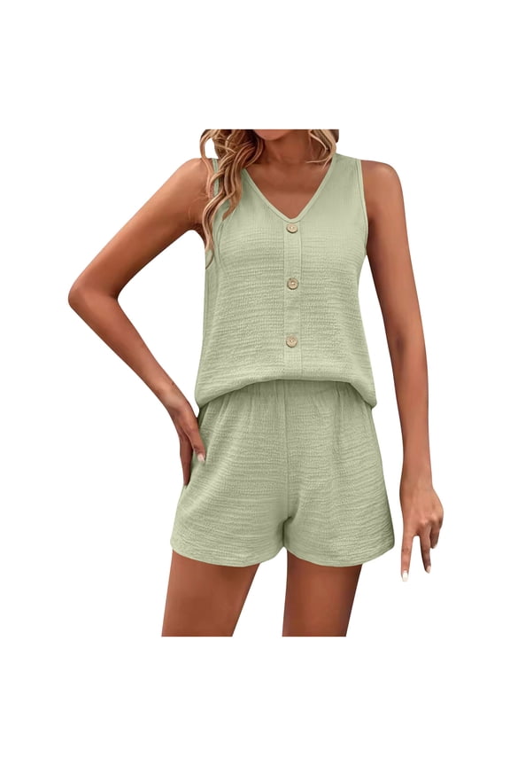 Travel Outfits For Women 2 Piece Sets Ladies' Spring/Summer V-neck Casual Solid Color Loose Sleeveless Tank Button Decoration Shorts Set Suits Green S