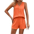 thumbnail image 1 of Hueook Travel Outfits For Women 2 Piece Sets Ladies' Spring/Summer V-neck Casual Solid Color Loose Sleeveless Tank Button Decoration Shorts Set Suits Orange XL, 1 of 8