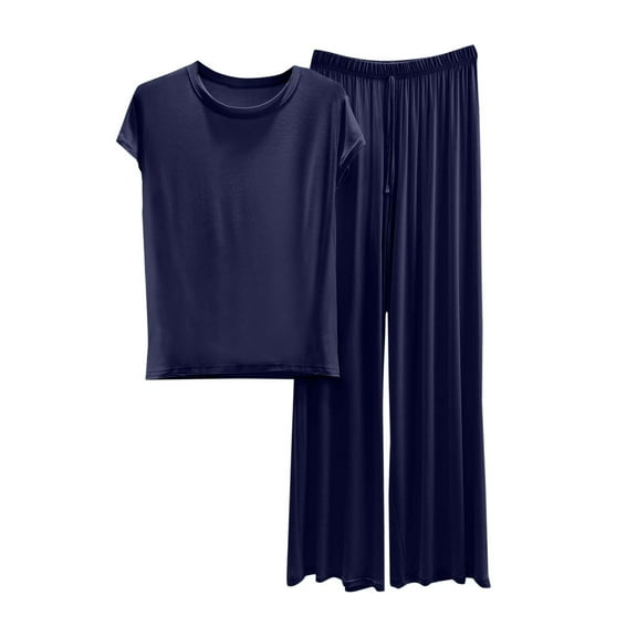 Hueook Travel Outfits For Women 2 Piece Sets Women's Loose Solid Color T-shirt Wide Leg Pants Home Wear Two-piece Short Sleeve Round-Neck Pant Sets Blue 3X