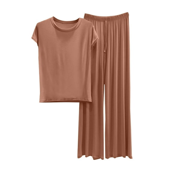 Hueook Travel Outfits For Women 2 Piece Sets Women's Loose Solid Color T-shirt Wide Leg Pants Home Wear Two-piece Short Sleeve Round-Neck Pant Sets Khaki 2X